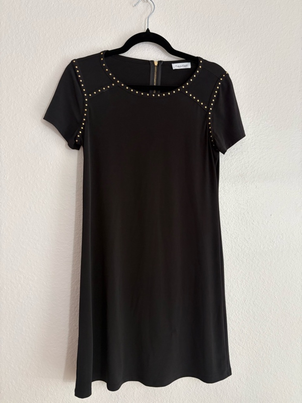 Calvin Klein Size Small Black Short-Sleeve Gold Stud Trim Mini Shift Dress